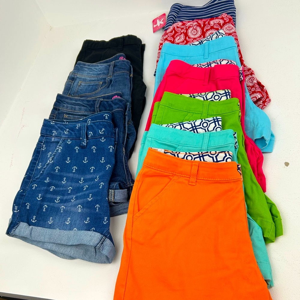 Lot of girls short colors peach blue pink green denim all for 75 lot of 11
